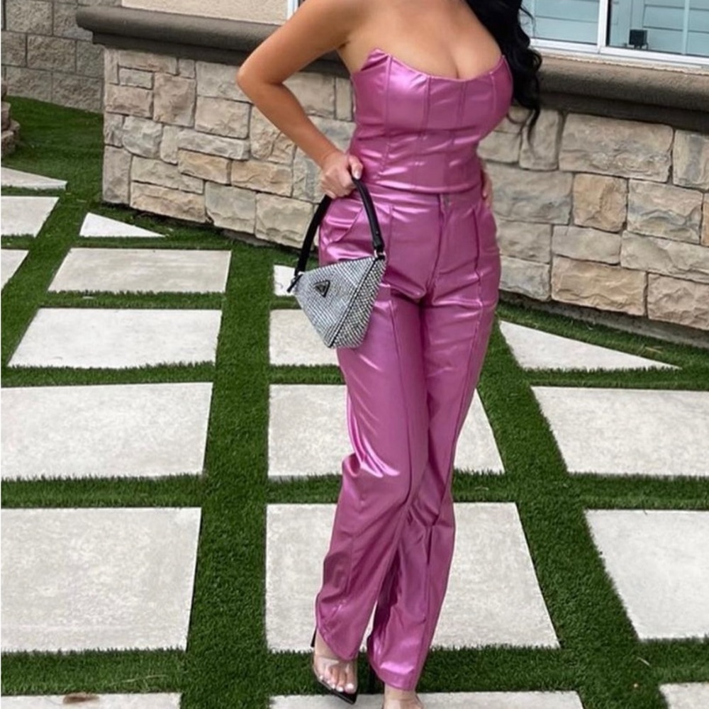 Pink metallic two piece pants set